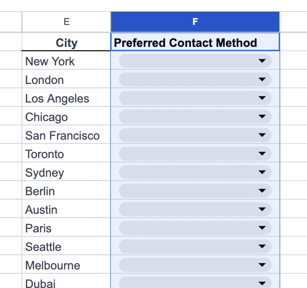 Une capture d'écran d'une colonne en surbrillance dans Google Sheets appelée Méthode de contact préférée.
